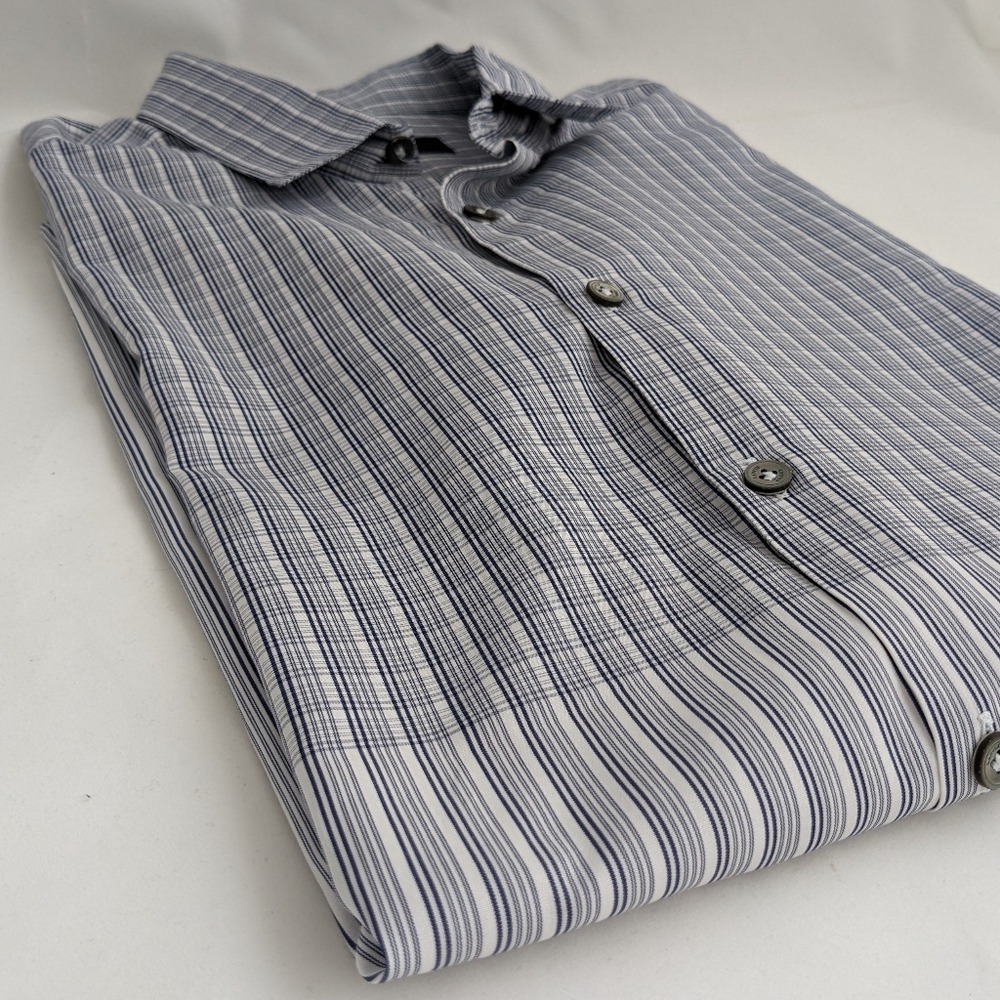 LANVIN made in Italy Blue Stripe/Plaid Combo Men's Shirt,Long Sleeve, Button-Up